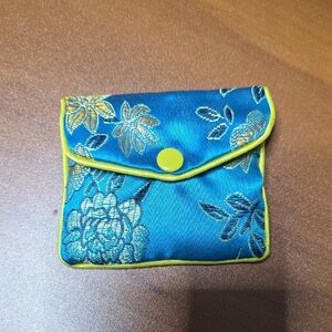 Teal Satin Floral Snap Pouch with Yellow Trim